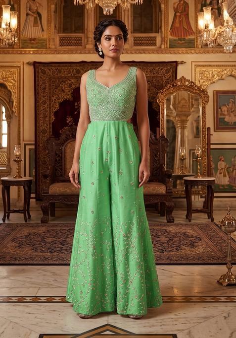 Green Embroidered Handwork Fusion Set