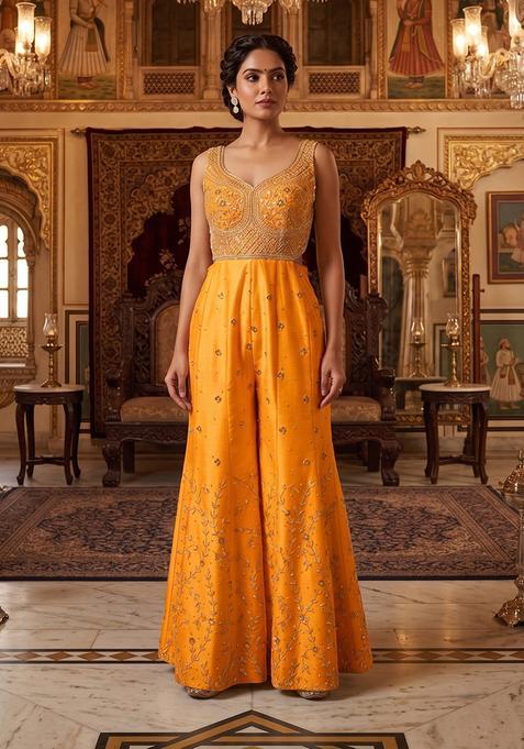 Orange Embroidered Handwork Fusion Set