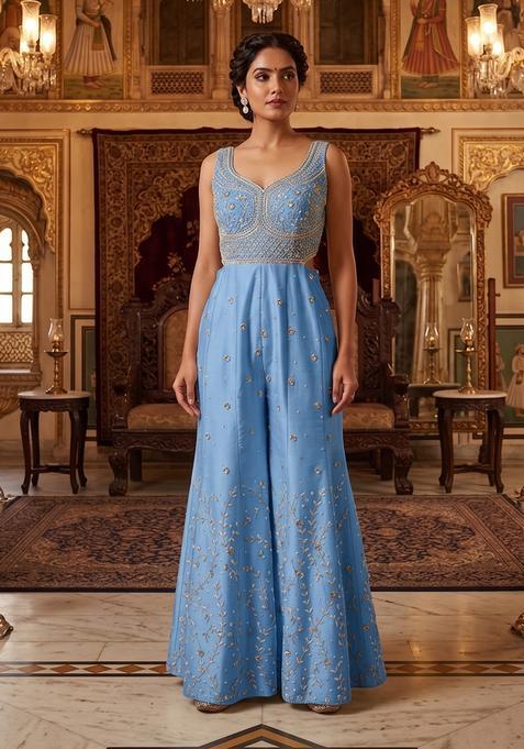 Blue Embroidered Handwork Fusion Set