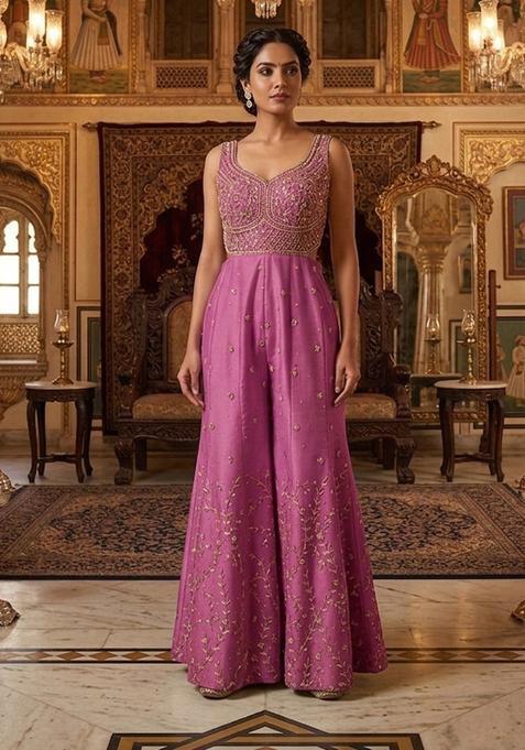 Purple Embroidered Handwork Fusion Set