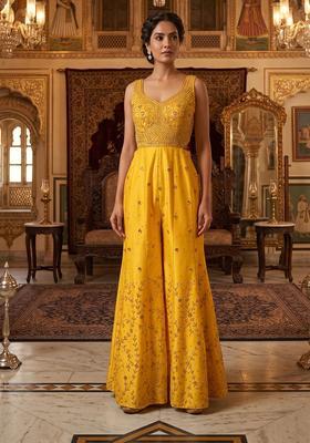Yellow Embroidered Handwork Fusion Set