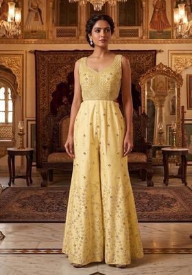 Light Yellow Embroidered Handwork Fusion Set
