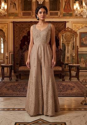 Beige Embroidered Handwork Fusion Set