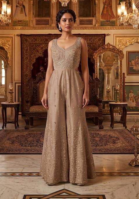 Beige Embroidered Handwork Fusion Set