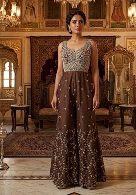 Brown Embroidered Handwork Fusion Set