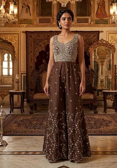 Brown Embroidered Handwork Fusion Set