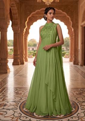 Green Embroidered Handwork Anarkali with Dupatta