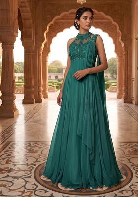 Turquoise Embroidered Handwork Anarkali with Dupatta