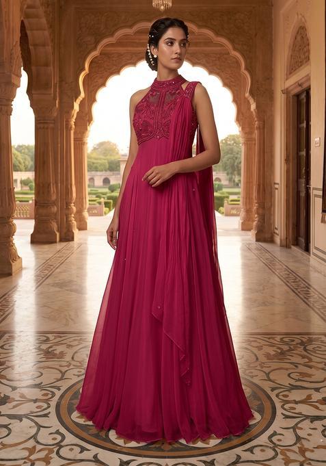 Pink Embroidered Handwork Anarkali with Dupatta