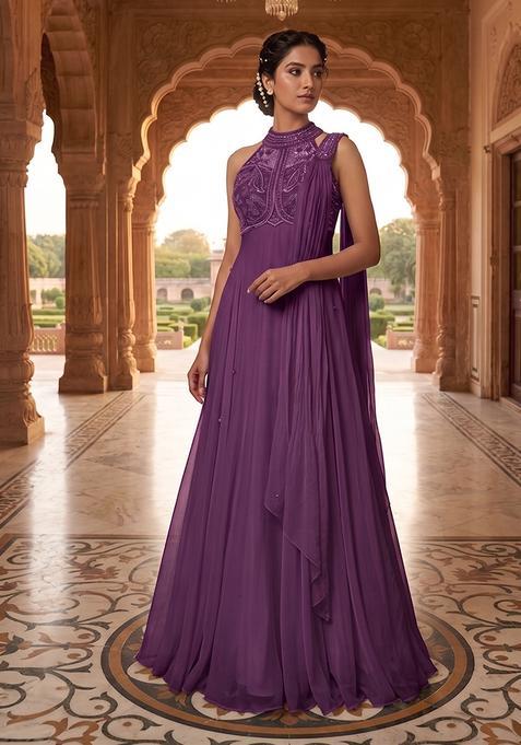 Purple Embroidered Handwork Anarkali with Dupatta