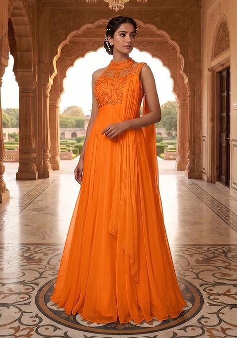 Orange Embroidered Handwork Anarkali with Dupatta