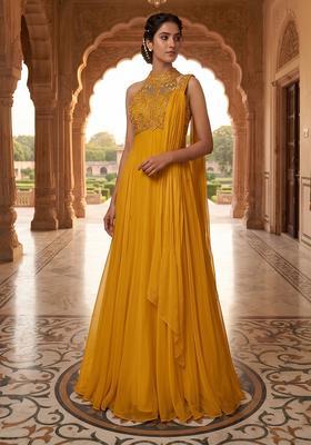 Yellow Embroidered Handwork Anarkali with Dupatta