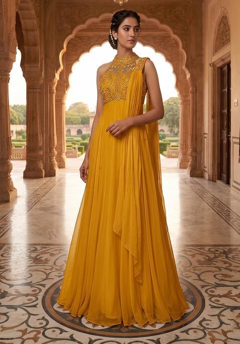 Yellow Embroidered Handwork Anarkali with Dupatta