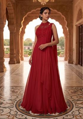 Red Embroidered Handwork Anarkali with Dupatta