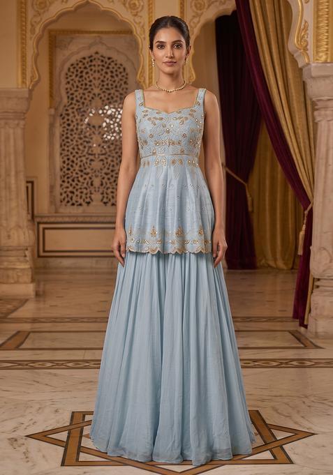 Blue Embroidered Handwork Sharara Set
