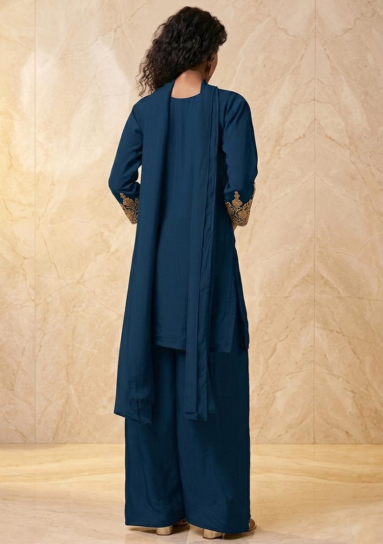 Dark Blue Embroidered Handwork Kurta Set - Indya