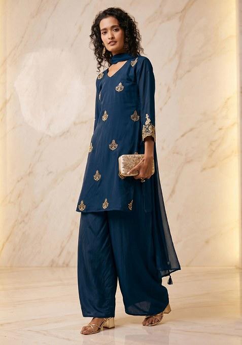 Dark Blue Embroidered Handwork Kurta Set