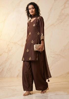 Brown Embroidered Handwork Kurta Set