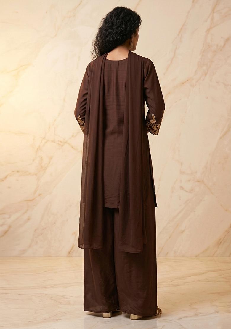 Brown Embroidered Handwork Kurta Set - Indya