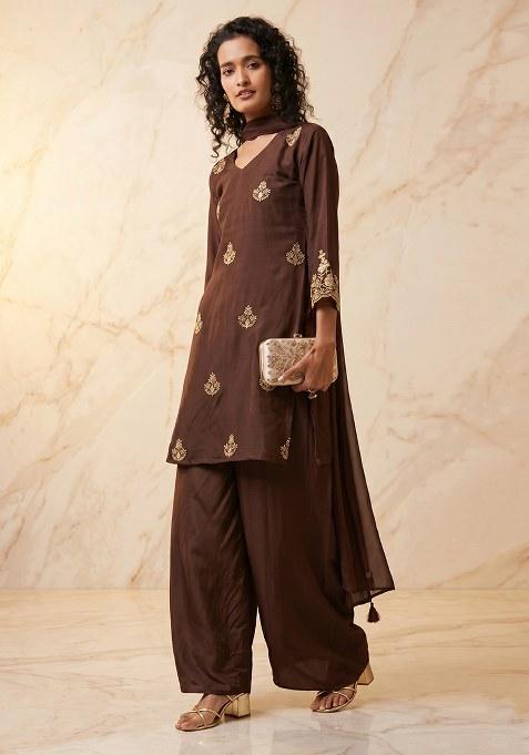 Brown Embroidered Handwork Kurta Set