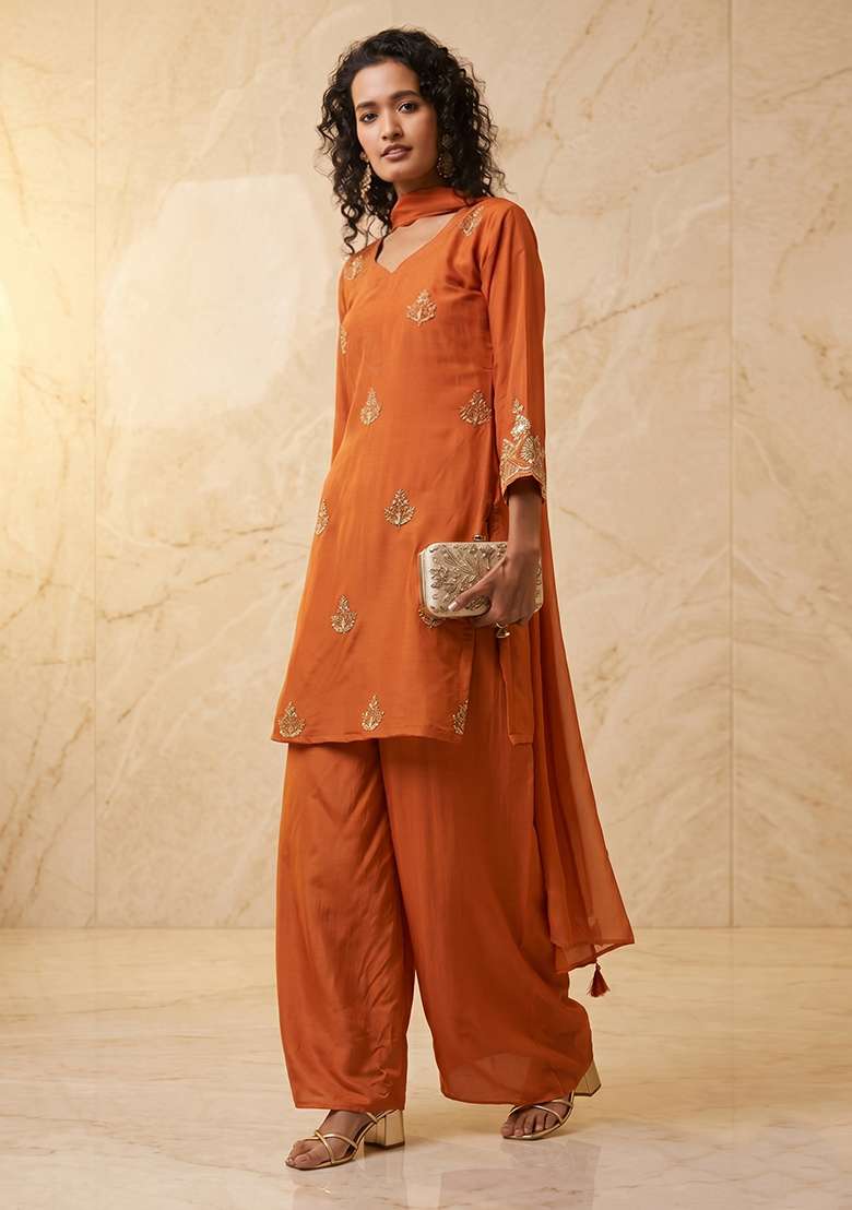 Orange Embroidered Handwork Kurta Set - Indya