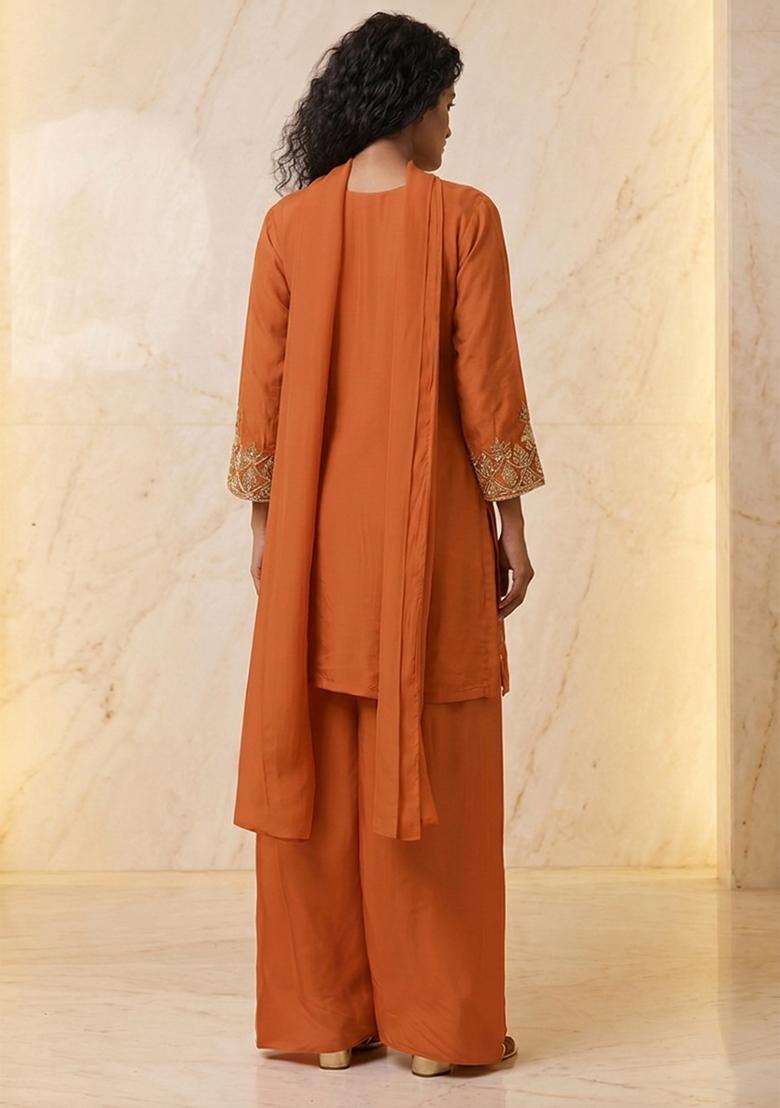 Orange Embroidered Handwork Kurta Set - Indya