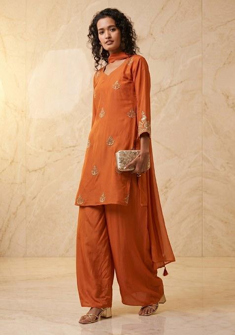 Orange Embroidered Handwork Kurta Set
