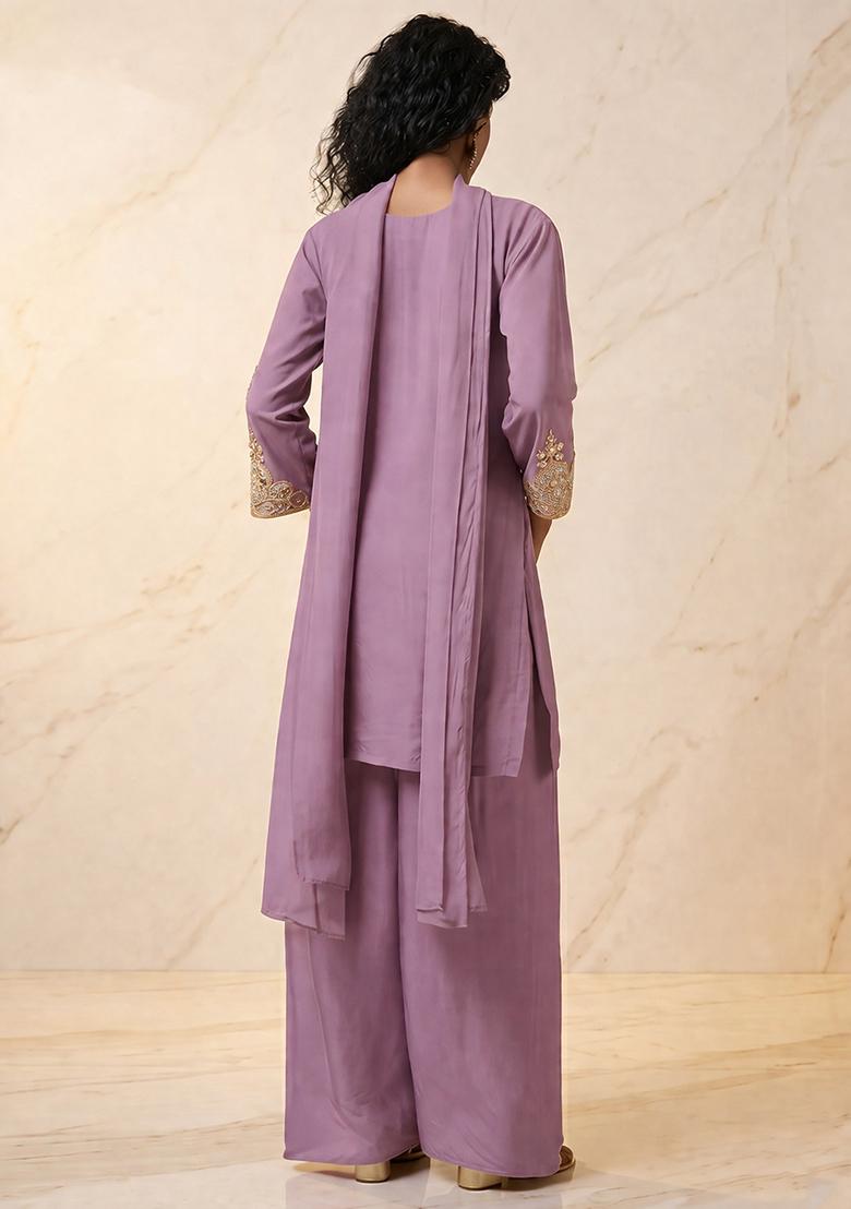 Mauve Embroidered Handwork Kurta Set - Indya