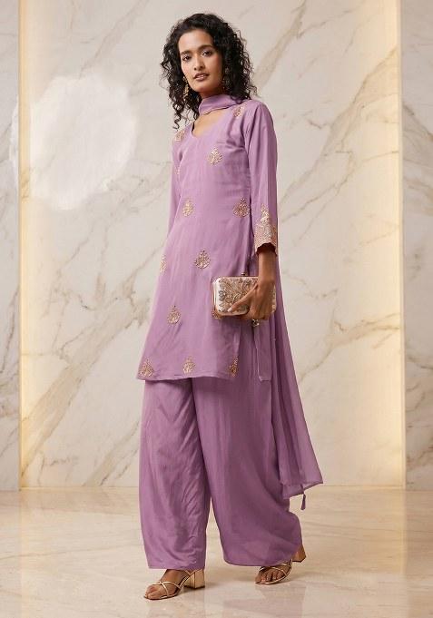 Mauve Embroidered Handwork Kurta Set
