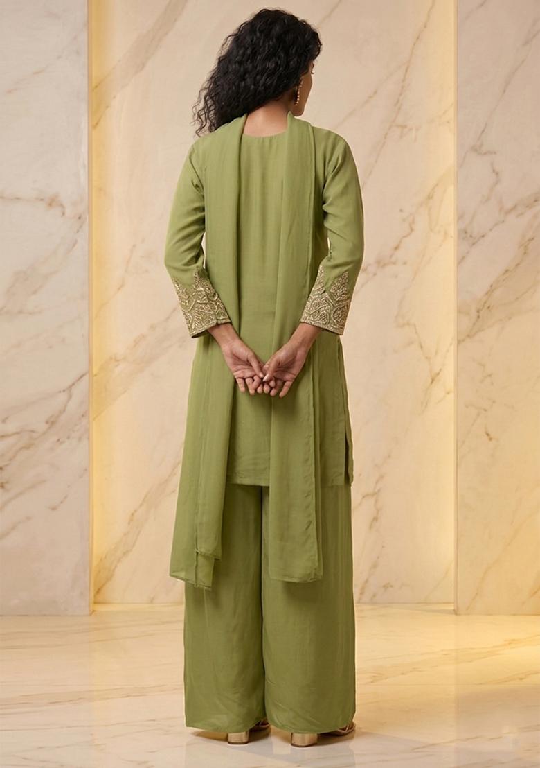 Olive Green Embroidered Handwork Kurta Set - Indya
