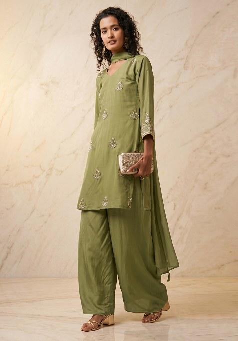 Olive Green Embroidered Handwork Kurta Set