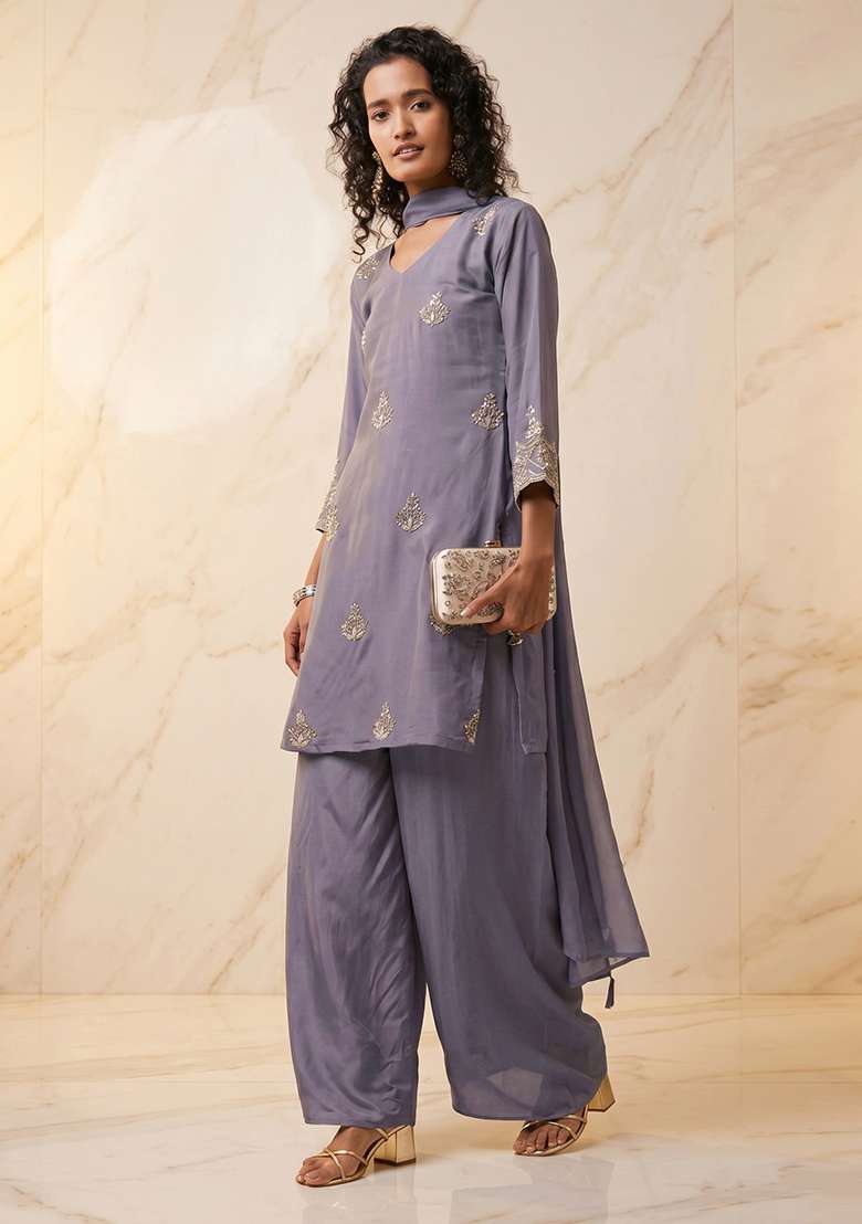 Sage Purple Embroidered Handwork Kurta Set - Indya