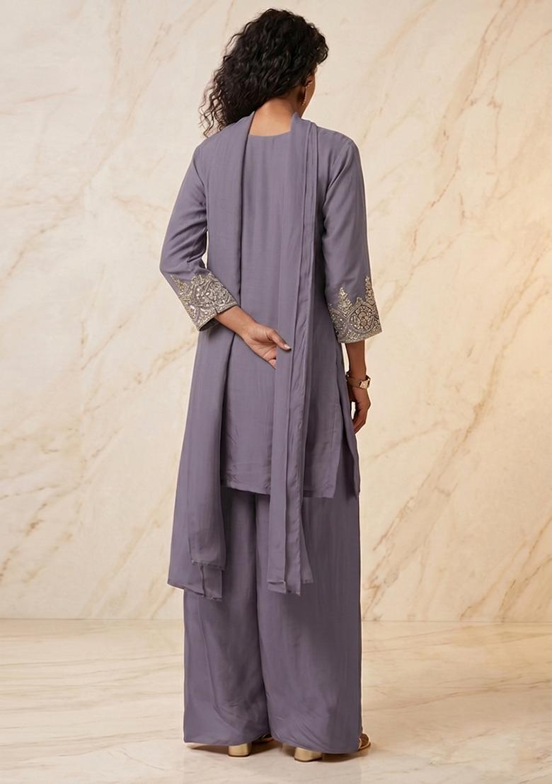 Sage Purple Embroidered Handwork Kurta Set - Indya