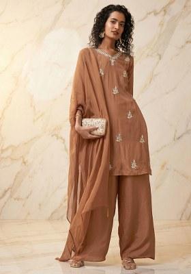 Copper Brown Embroidered Handwork Kurta Set