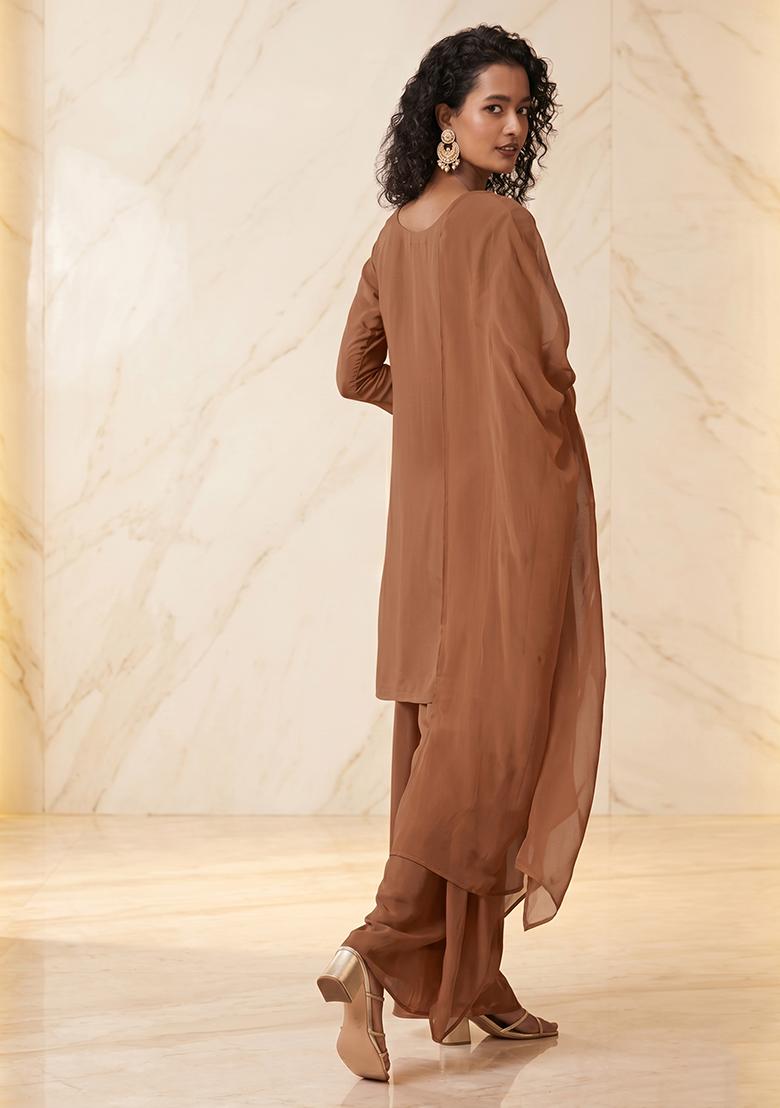 Copper Brown Embroidered Handwork Kurta Set - Indya