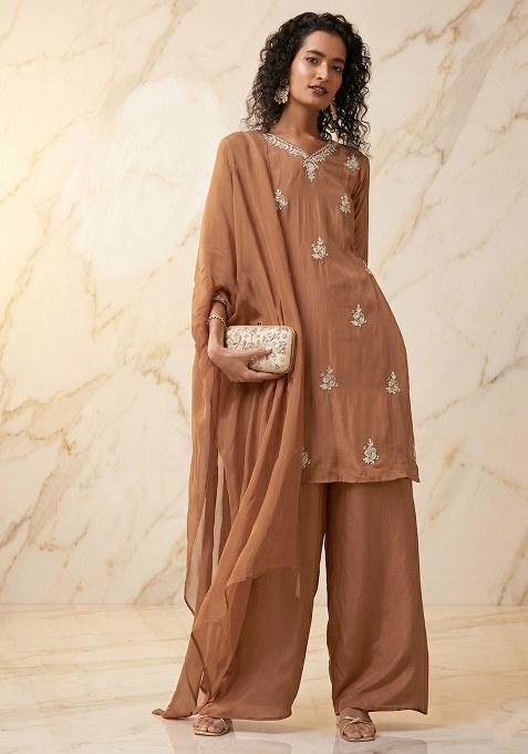 Copper Brown Embroidered Handwork Kurta Set