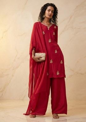 Cherry Red Embroidered Handwork Kurta Set