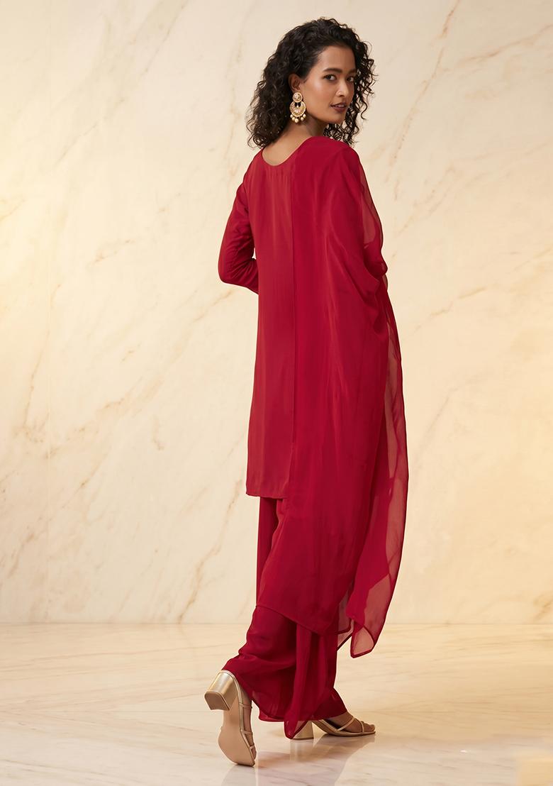 Cherry Red Embroidered Handwork Kurta Set - Indya