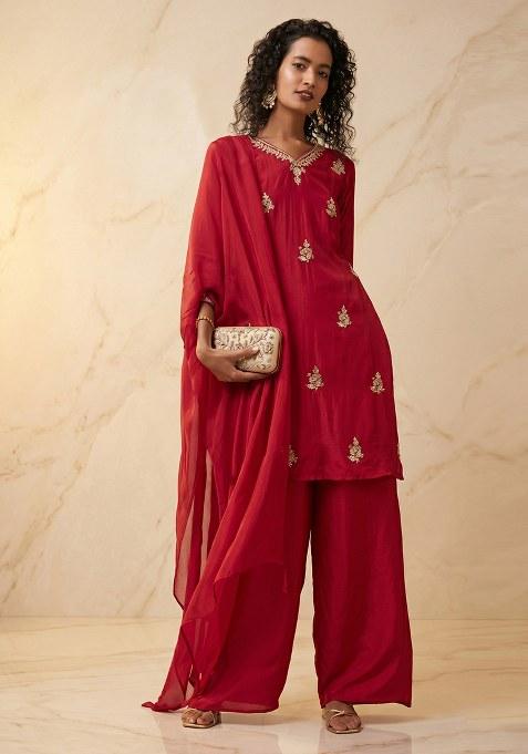Cherry Red Embroidered Handwork Kurta Set