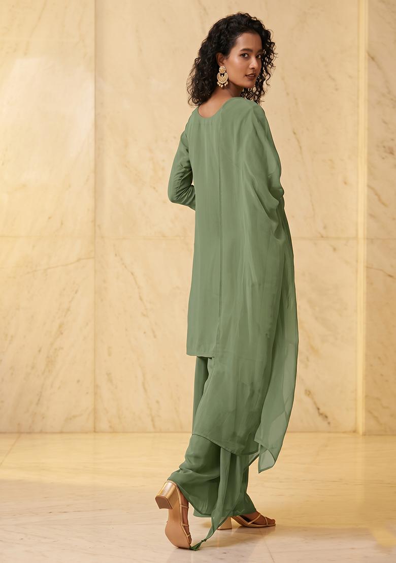 Sage Green Embroidered Handwork Kurta Set - Indya
