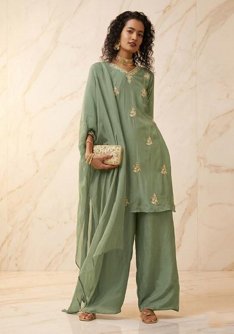 Sage Green Embroidered Handwork Kurta Set