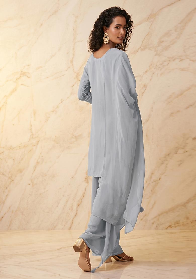 Powder Blue Embroidered Handwork Kurta Set - Indya