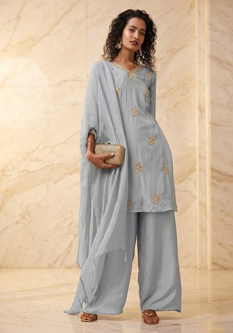 Powder Blue Embroidered Handwork Kurta Set