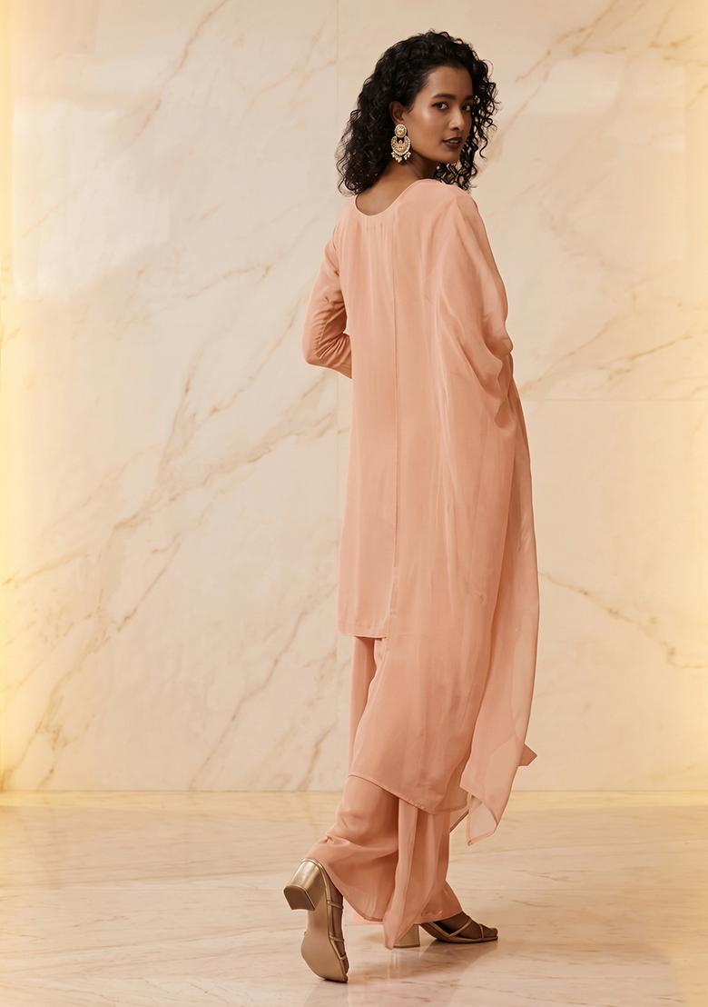 Peach Embroidered Handwork Kurta Set - Indya