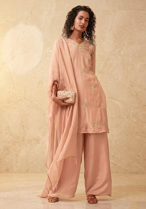 Peach Embroidered Handwork Kurta Set