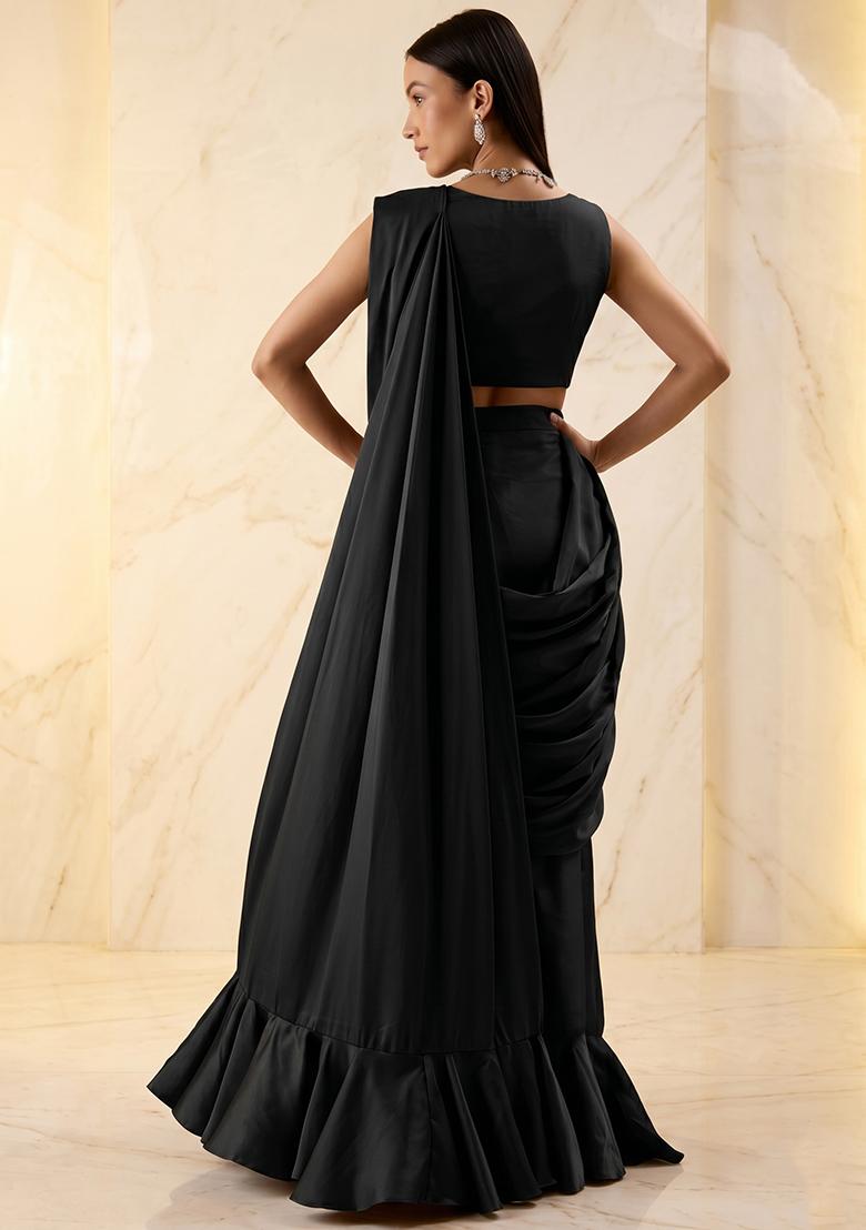 Black Embroidered Handwork Pre Draped Saree Set - Indya