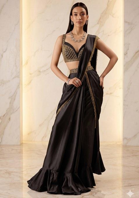 Black Embroidered Handwork Pre Draped Saree Set