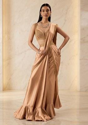 Peach Embroidered Handwork Pre Draped Saree Set