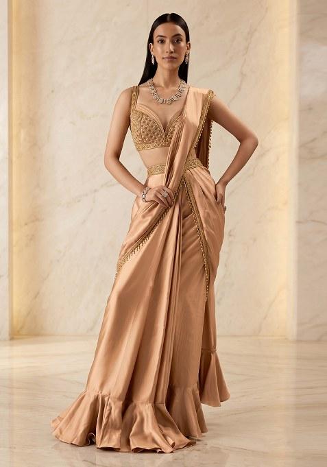 Peach Embroidered Handwork Pre Draped Saree Set