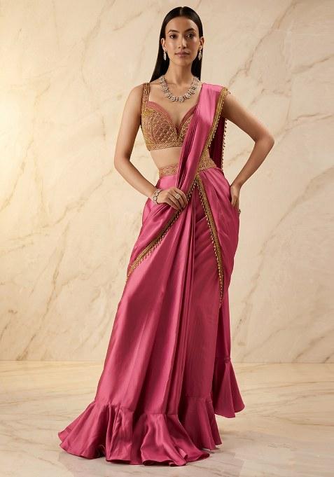 Pink Embroidered Handwork Pre Draped Saree Set
